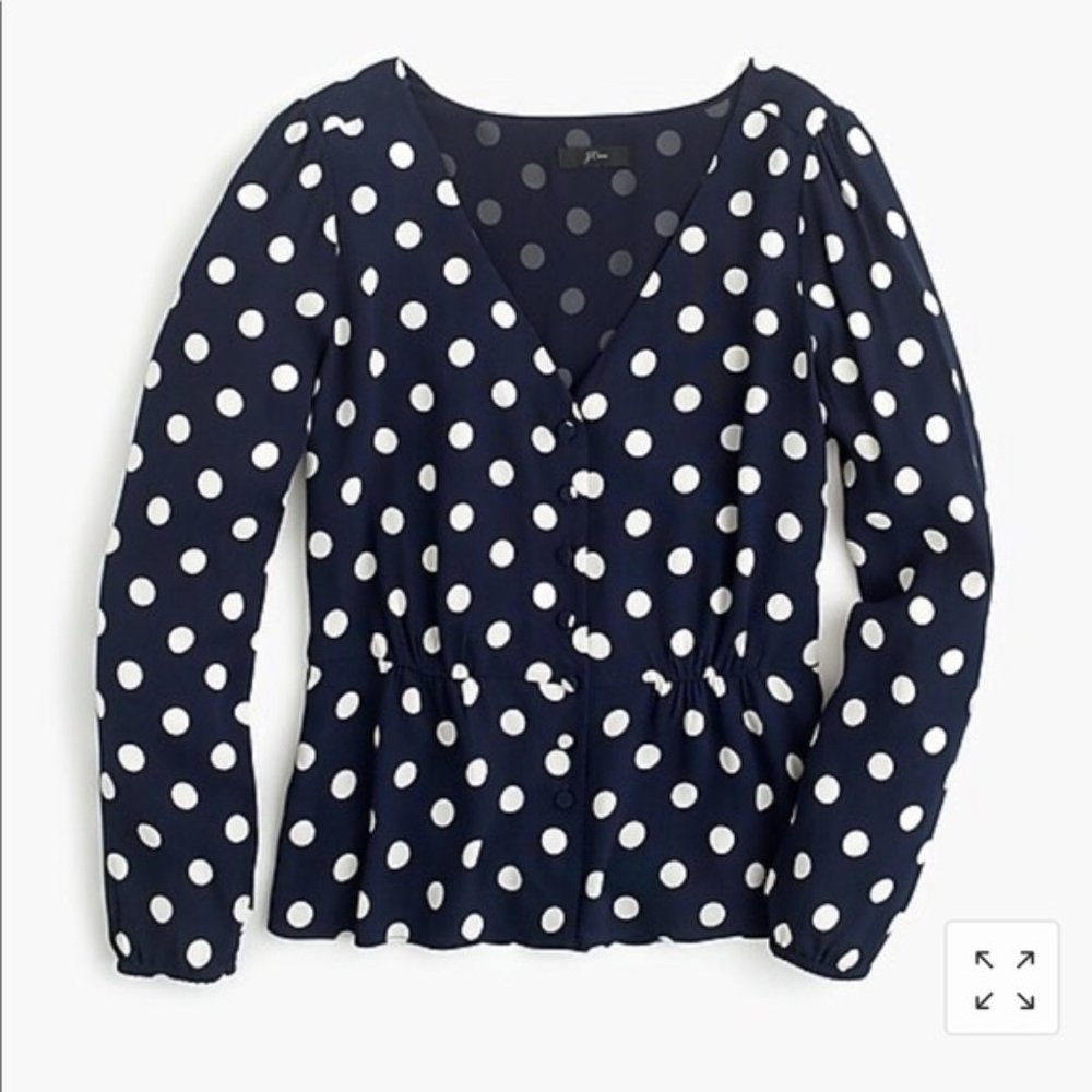 J.Crew Navy White V-Neck Polka Dot Blouse 6